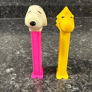 Snoopy and Woodstock PEZ Dispensers - Pink and Yellow Vintage